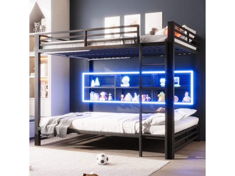  Lit superposé 140x200 avec rangement et éclairage led, métal noir  - Conforama D