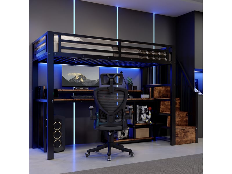 Lit mezzanine 90 × 200 cm avec bureau, étagères, usb, type-c, led, sans matelas, en métal, noir - Conforama C