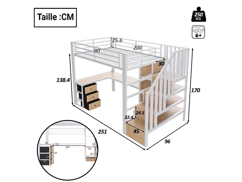  Lit mezzanine 90x200 cm blanc en métal, avec bureau, escalier rangement, led, tiroirs et étagères, sans matelas  - Conforama C