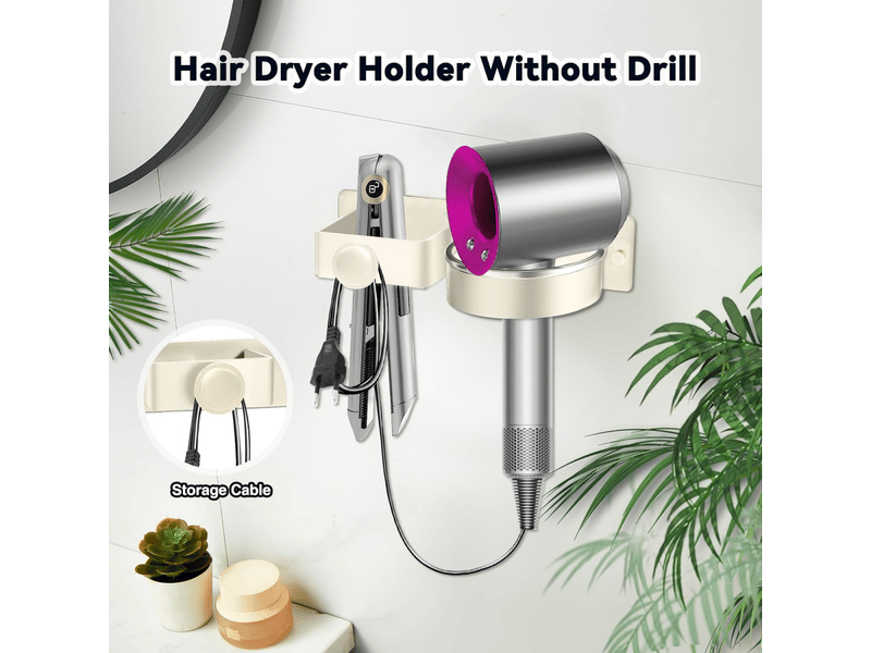  Support pour sèche-cheveux, sans perçage, convient pour salle de bain, chambre, hôtel, blanc crème  - Conforama D