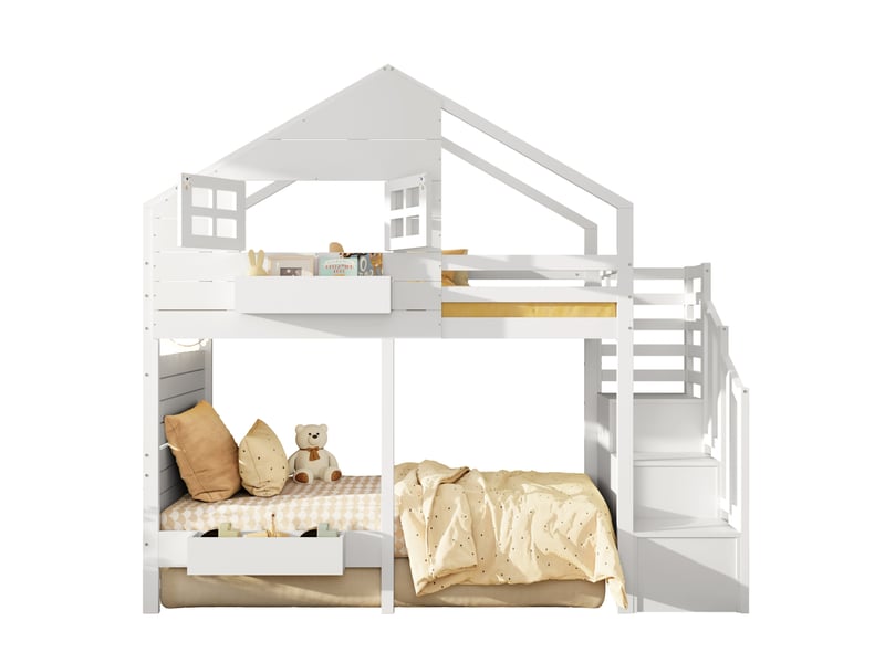  Lit superposé enfant 90x200 cm – blanc – escalier de rangement, fenêtre et espace de jeu avec sommier  - Conforama A