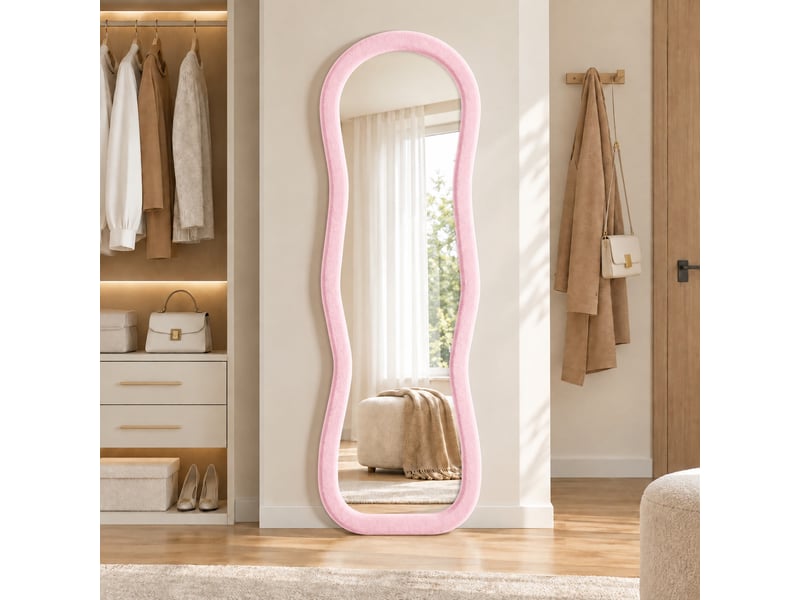  Miroir de sol ondulé 160x50 cm, cadre velours doux style scandinave, pour chambre et salon, avec pied u, verre trempé sécurisé, rose  - Conforama B