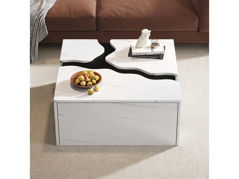  Table basse de salon avec tiroir, design géométrique, 70 x 70 cm, effet marbre blanc  - Conforama D