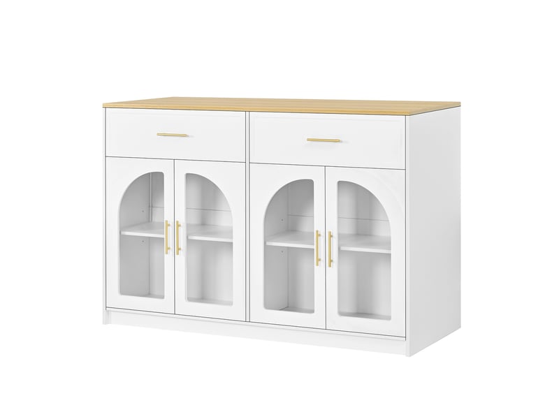  Îlot de cuisine led avec grand plan de travail, 2 tiroirs, étagères réglables et portes vitrées pour cuisine, 135 × 55 × 91 cm  - Conforama A