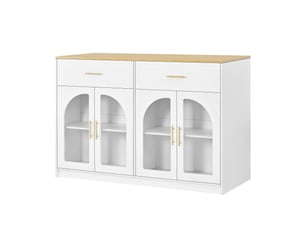 Îlot de cuisine led avec grand plan de travail, 2 tiroirs, étagères réglables et portes vitrées pour cuisine, 135 × 55 × 91 cm