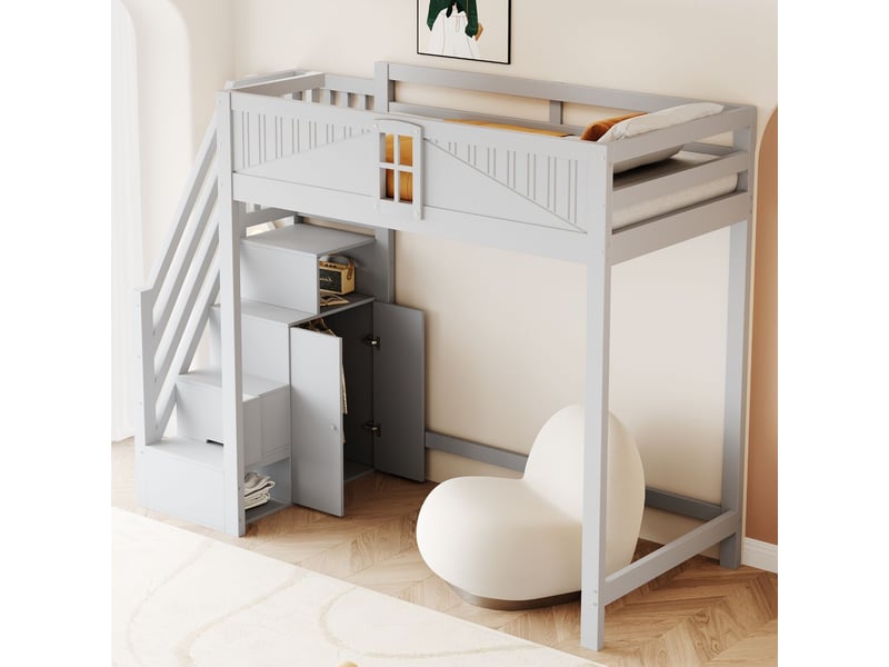  Lit mezzanine 90x200 cm bois massif - lit simple - escalier rangement réversible, porte sécurité avec fenêtre, gris  - Conforama B
