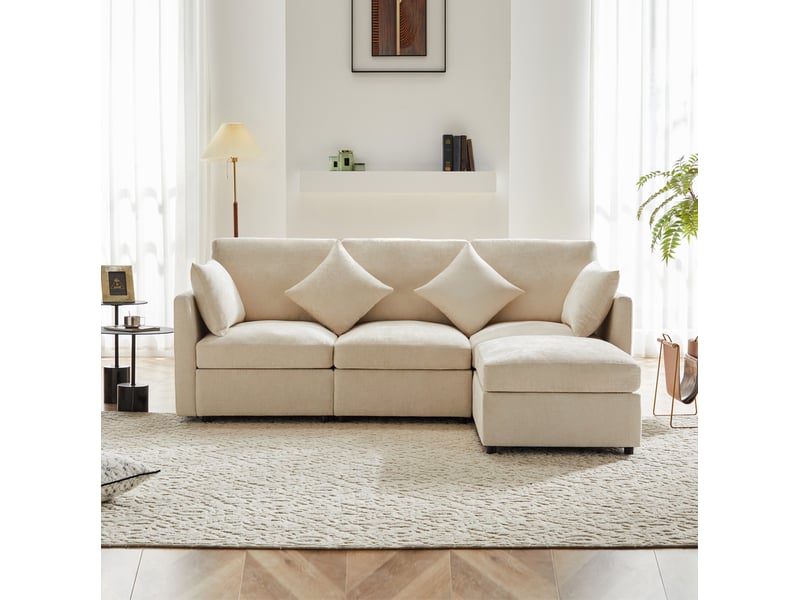  Canapé d'angle ulevr modulable 4 places avec pouf mobile, chenille beige, 216 x 161 x 81 cm  - Conforama E