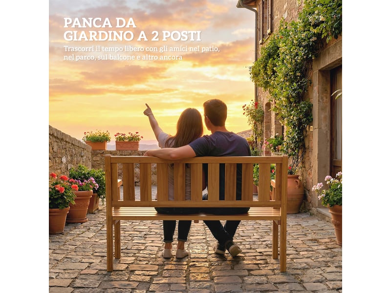Banc de jardin 2 places en bois de sapin à lattes, 150 x 57 x 93 cm, couleur teck - Conforama E