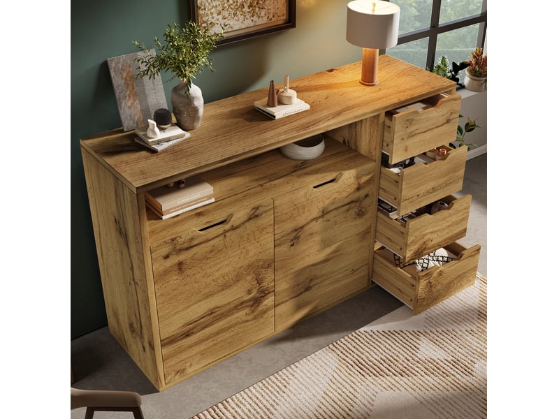 Buffet haut 150 x 40 x 90 cm aspect chêne, 2 portes, 4 tiroirs et niche ouverte - Conforama D