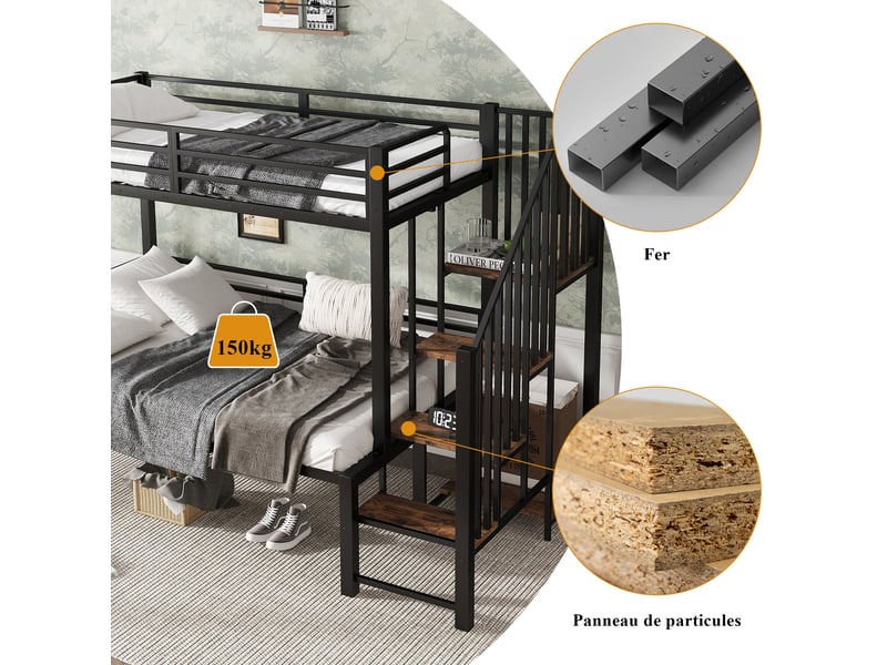  Lit superposé 200×90 cm et 200×120 cm avec escalier d’angle à rangements, en métal et mdf noir  - Conforama E
