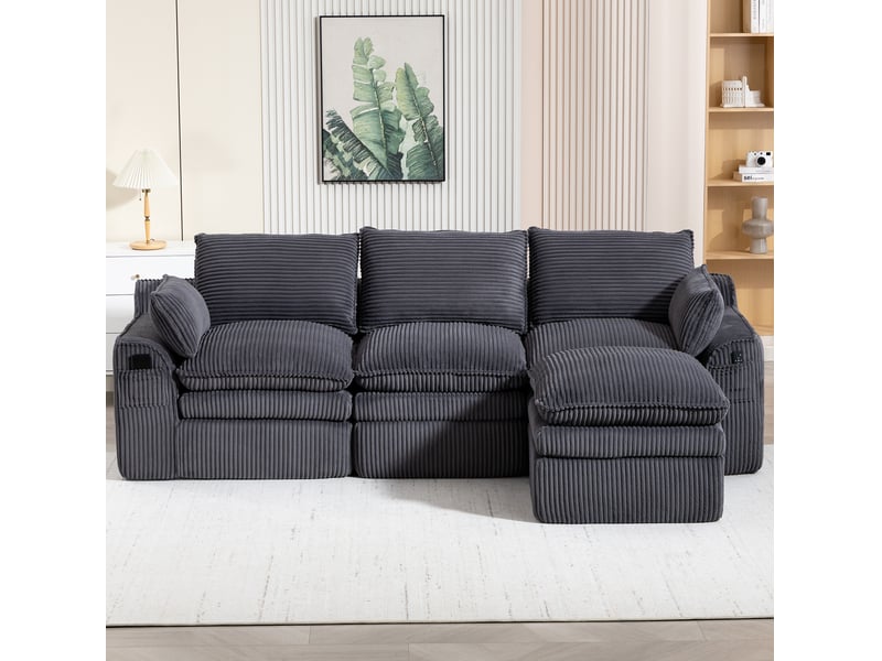  Canapé 3 places modulaire avec pouf en velours côtelé gris foncé  - Conforama D