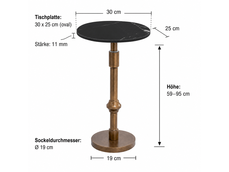 Table d'appoint ovale 30 x 25 x h95 cm en métal et céramique réglable en hauteur noire chicfurn - Conforama C