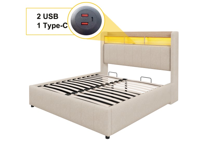 Lit rembourré 160 x 200 cm avec éclairage led et prise usb, tête de lit avec étagères et espace de rangement, mécanisme de levage hydraulique, lit double pour adultes, tissu lin beige - Conforama E