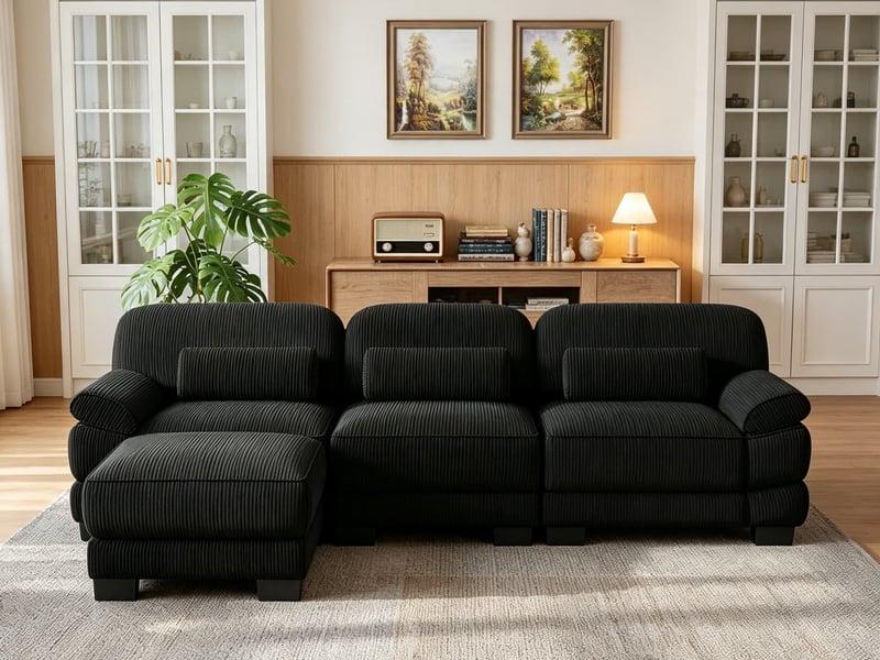  Canapé d’angle 3 places en l, 1 pouf, coussin lombaire épais et moelleux, assise profonde, tissu confortable, 265 × 161 × 94 cm, noir  - Conforama B