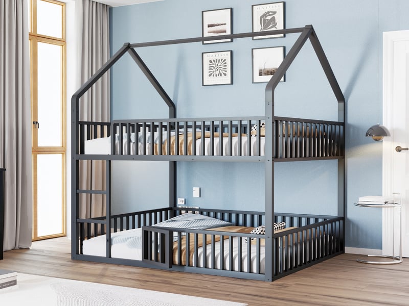 Lit superposé cabane 140 x 200 cm, couchages superposés, structure cabane, escalier, petite porte, pour aménager la chambre, métal, noir ABC - Conforama E