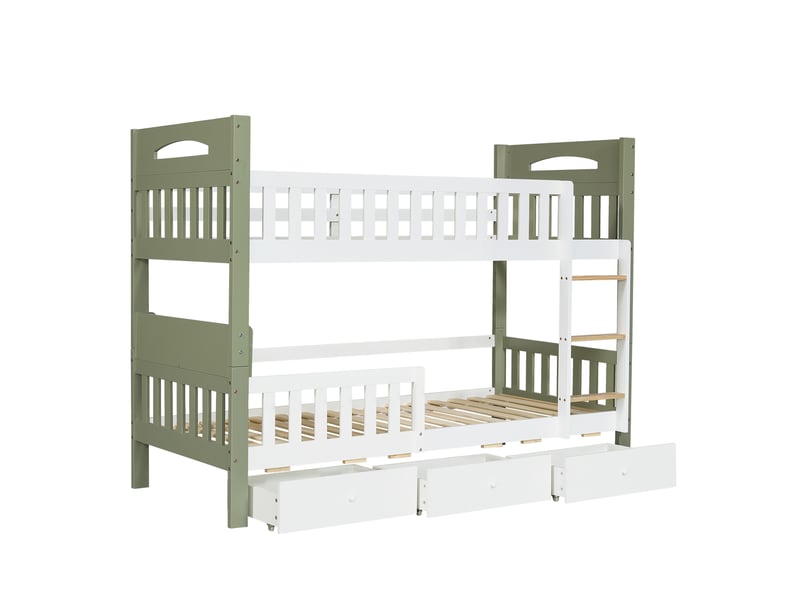  Lit superposé enfant 2x90x200 cm avec 3 tiroirs, blanc et vert, sans matelas  - Conforama E