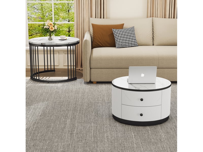  Tables basses gigognes avec 2 tiroirs, plateaux effet marbre brillant, en mdf blanc et noir pour le salon moderne  - Conforama B