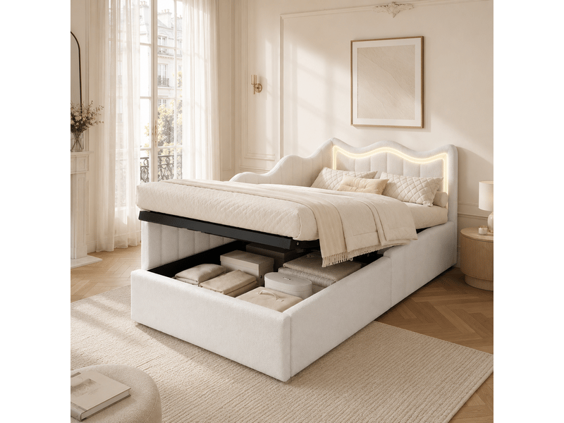  Canapé lit ado 90x200 avec rangement sous lit, lit banquette avec led lit simple avec cadre de lit à lattes et tête de lit rembourrée blanc velours teddy, sans matelas  - Conforama B