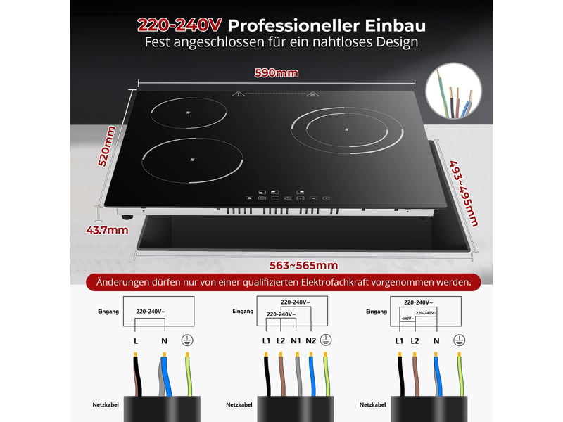  Plaque de cuisson vitrocéramique 3 foyers, 60 cm, 5200 w, commande tactile, 9 niveaux, minuteur et sécurité enfant  - Conforama C