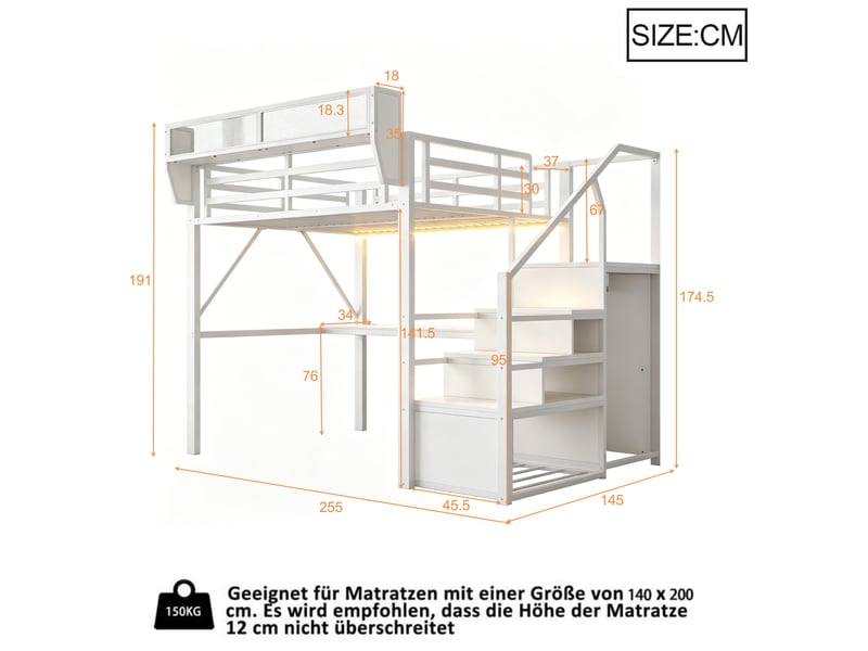 Lit mezzanine 140x200 cm avec bureau 2 m - rangement flexible - échelle de sécurité - led multicolore - blanc - Conforama C