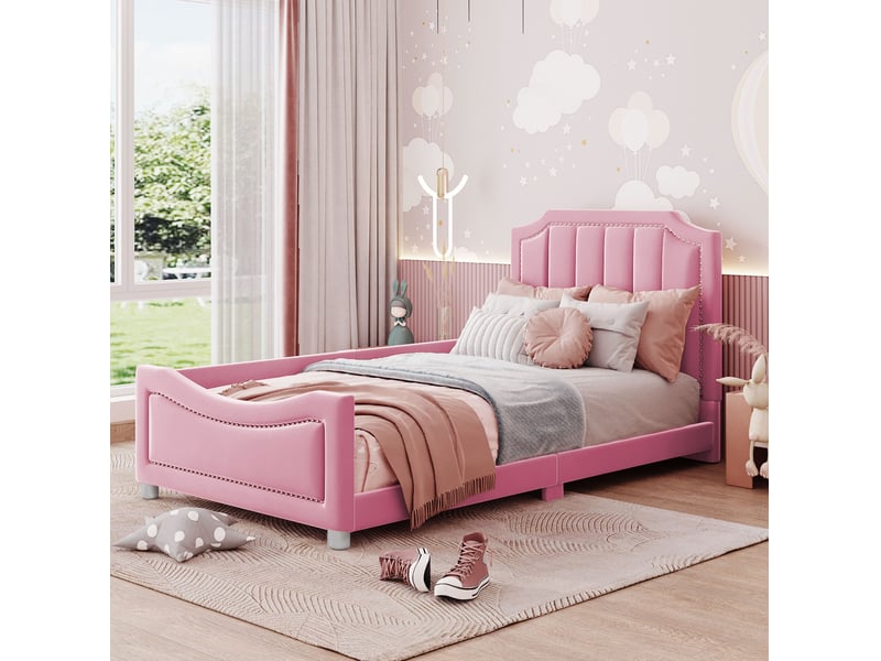  Modenvie lit enfant rembourré 90x200 cm - flanelle douce, sommier 12 lattes, sans matelas - rose  - Conforama B