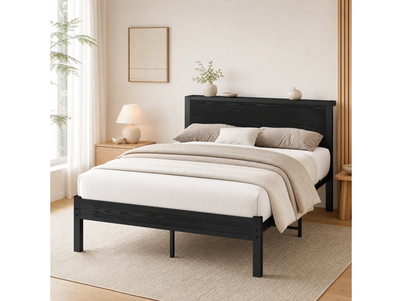  Cadre de lit 140 x 200 cm noir en mdf et métal avec rangement sous le lit  - Conforama D