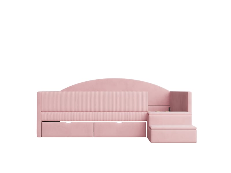 Lit enfant 90x190 cm rose en velours avec 2 tiroirs, marches antidérapantes et barrière rembourrée - Conforama E