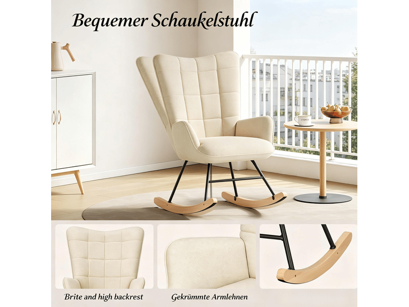  Fauteuil à bascule ergonomique avec dossier haut, accoudoirs et assise rembourrée, style nordique en velours beige  - Conforama E