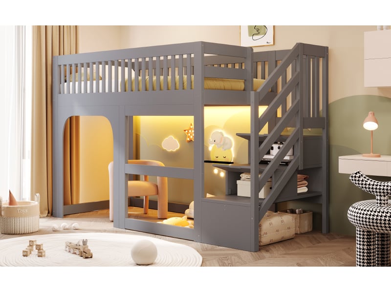  Lit mezzanine, 90 x 200 cm, avec rangement, led, en bois, gris, 253,5 x 95 x 143,5 cm 253.5x95x143.5cm - Conforama E