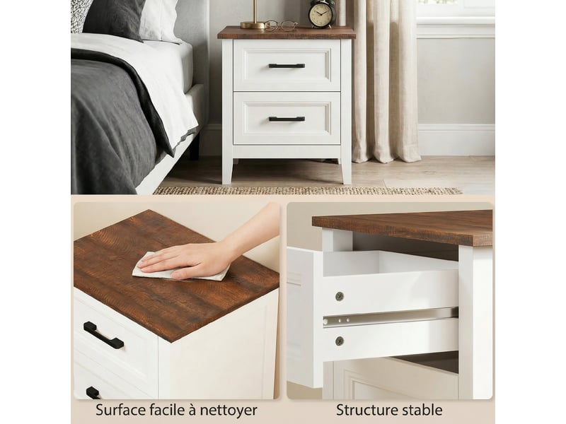  Table de chevet, table de nuit avec 2 tiroirs, plateau effet bois, style rustique, pour chambre à coucher, blanc, salon  - Conforama R