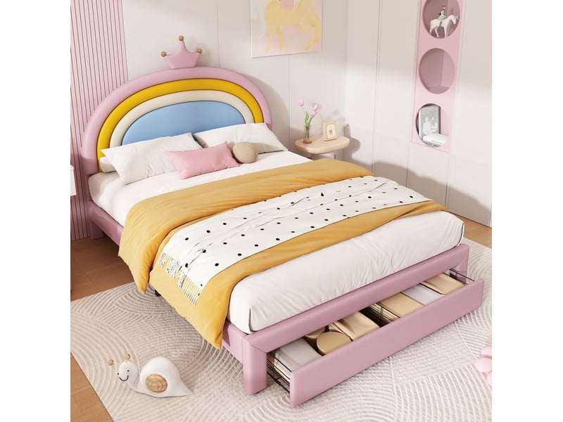  Lit enfant rembourré modenvie 140 x 200 cm rose avec tête de lit arc-en-ciel réglable et tiroir de rangement  - Conforama B