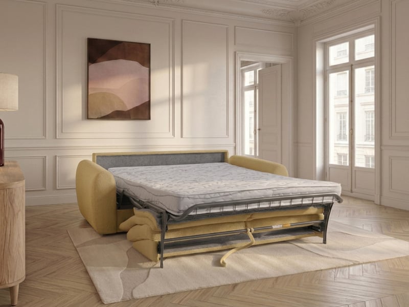 Bobochic canapé droit convertible minorque ouverture express tissu chenille jaune 140x200 MINORQUE - Conforama C