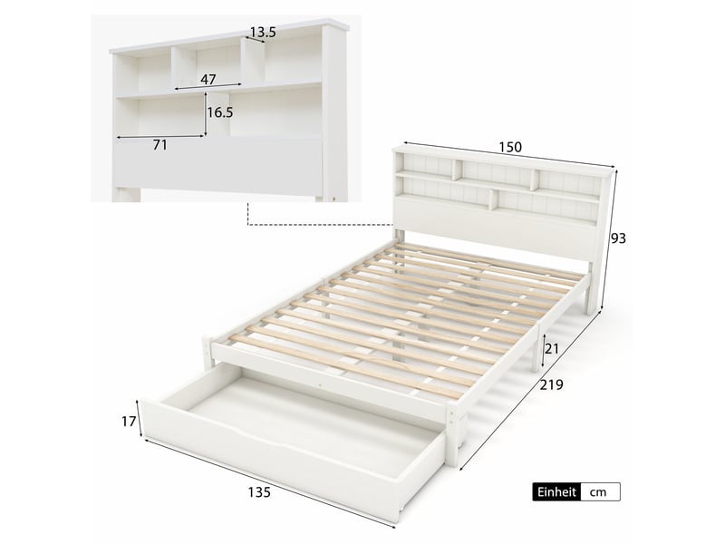  Lit enfant 140 x 200 cm, cadre de lit avec rangement, tiroirs de rangement, étagères ouvertes, sommier à lattes inclus, bois massif, blanc Morn Vibe - Conforama C