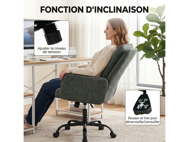  Chaise bureau ergonomique, fauteuil de bureau avec hauteur réglable, assise large, fonction bascule, vert foncé  - Conforama R