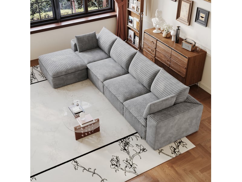 Canapé modulaire tcqpz 5 places 340 x 160 x 82 cm avec chaise longue velours côtelé gris foncé coussins amovibles sans montage - Conforama D