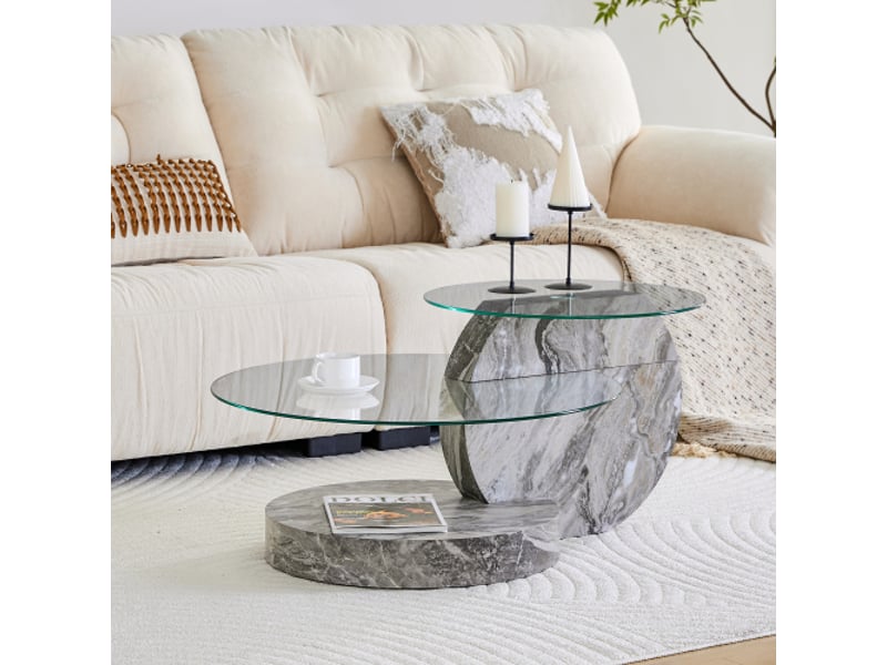  Table basse ronde moderne en verre de sécurité, 2 niveaux, plateau mdf imitation marbre gris, coloris variés  - Conforama B
