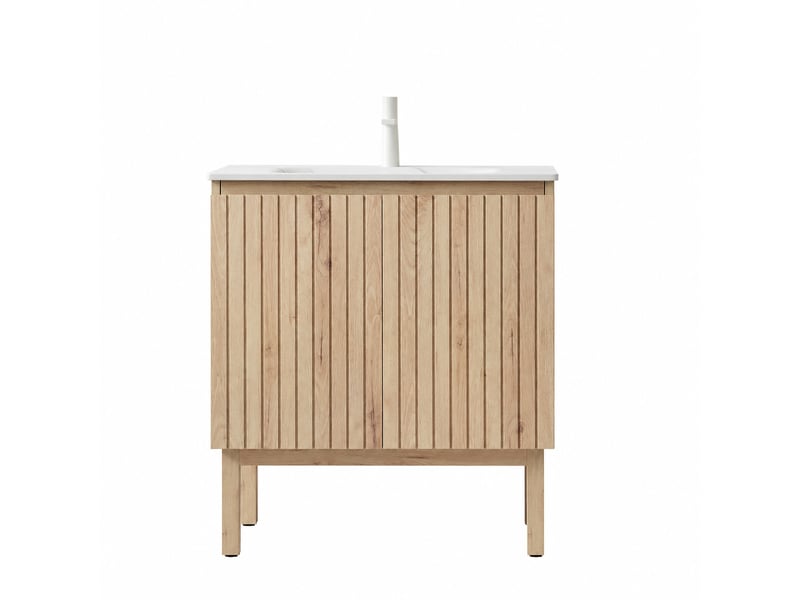  Meuble vasque sur pied 80 cm avec vasque intégrée en pierre frittée effet carrare, finition chêne blanc  - Conforama A