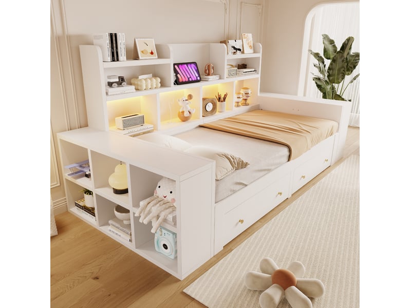  Lit enfant 90x200 cm extensible 180 cm, lit multifonctionnel avec rangement et led, bois blanc, sans matelas  - Conforama W