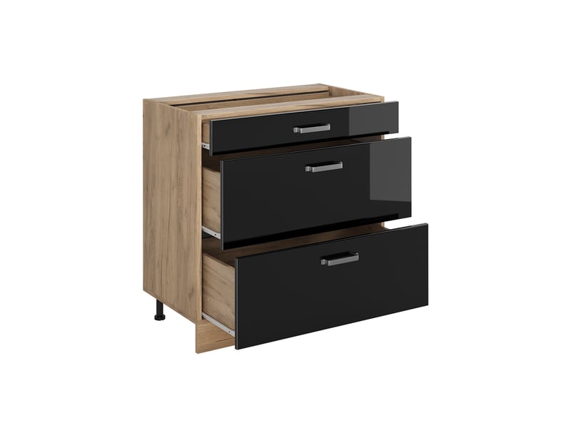  Vicco meuble cuisine, noir haute brillancechêne doré, 80cm avec 3 tiroirs plan de travail chêne doré  - Conforama C