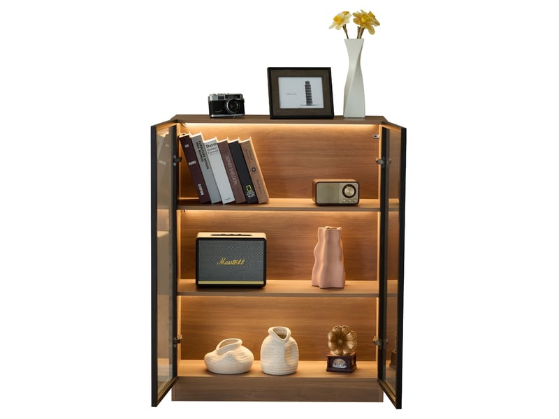  Vitrine led avec 2 portes vitrées et 3 niveaux de rangement pour salon, en verre et panneaux de particules, noyer naturel  - Conforama A