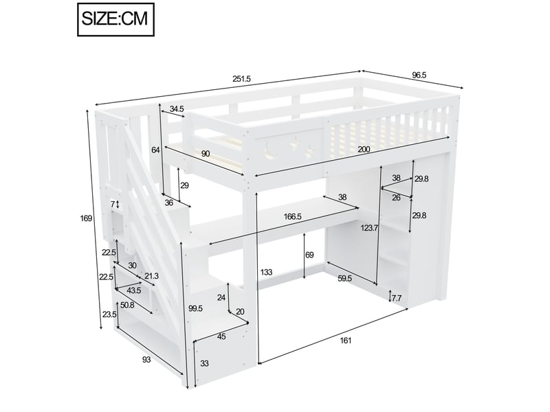  Lit mezzanine enfant 90x200 cm – blanc – bureau, led, prises et rangements intégrés - sans matelas  - Conforama C