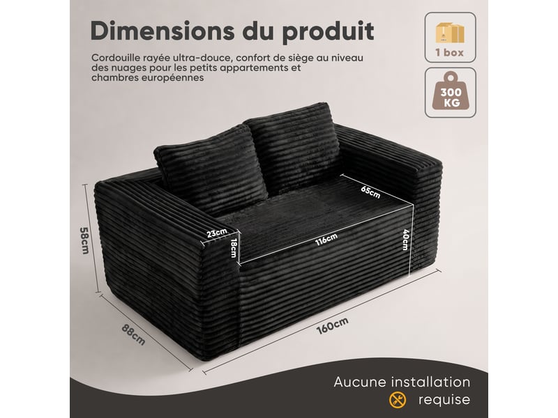Canapé compact 2 places 160x88x58 cm, canapé de sol en mousse à assise profonde, pour appartement chambre bureau, velours côtelé, noir Sol Morn - Conforama C