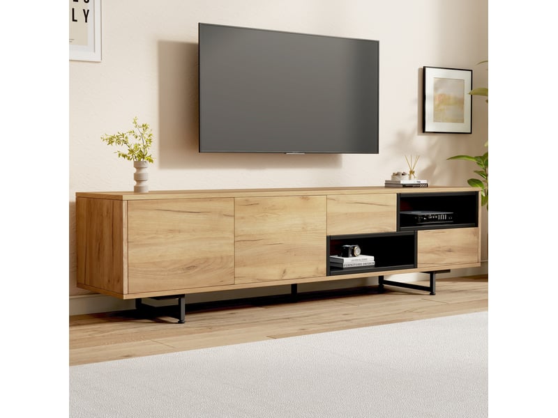  Meuble tv bas 173 x 38 x 48 cm portes 2 casiers escalier tiroirs diagonaux panneau particules fini grainé bois  - Conforama W