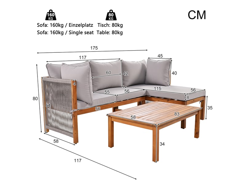 Salon de jardin d'angle,3 pièces avec pieds réglables,bois d'acacia,gris - Conforama C