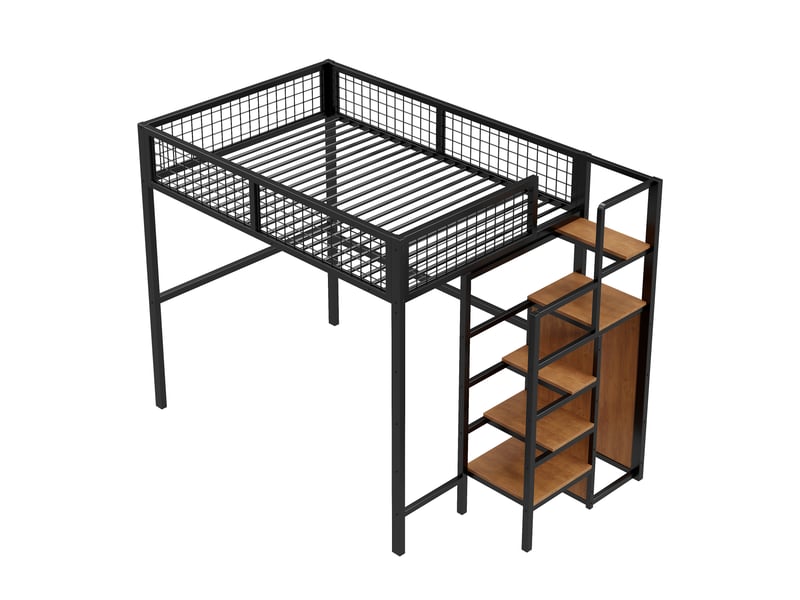  Lit mezzanine 140x200 cm en métal noir, échelle, armoire et étagères de rangement  - Conforama D
