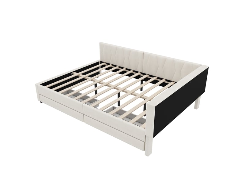  Lit de jour, 140 x 200 cm, canapé-lit, compartiment de rangement près du lit, ports usb et type c, bande lumineuse led, lit avec deux tiroirs, sommier à lattes (sans matelas), lin, beige  - Conforama D