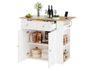 Desserte de cuisine avec 2 portes, tiroir, étagères latérales, plateau rabattable et prises, 120 × 75 × 97 cm, blanche