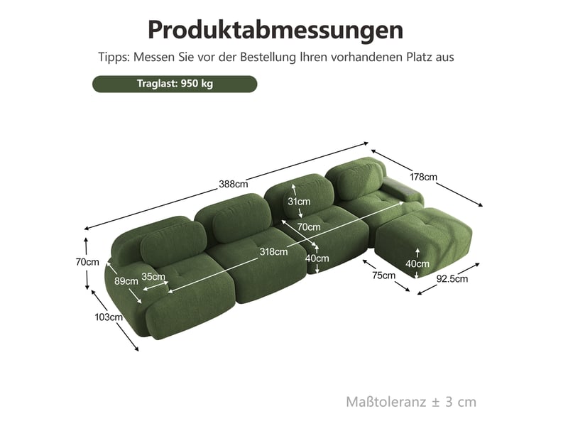  Canapé d'angle 4 places en velours côtelé vert, modulable sans montage avec méridienne et accoudoirs extra-larges  - Conforama C