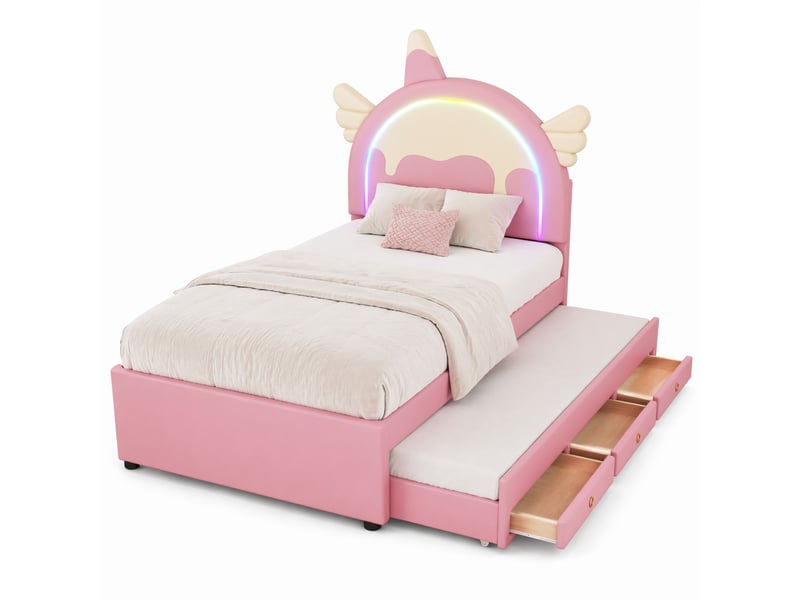  Lit enfant 90 x 200 cm rose avec lit gigogne et tiroirs, tête de lit licorne  - Conforama A