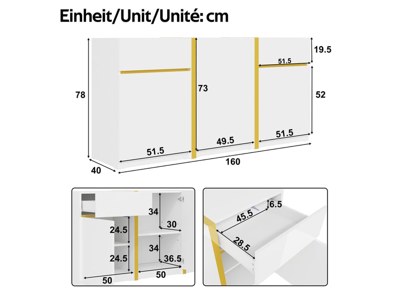  Buffet blanc et doré brillant 3 portes et 2 tiroirs 160 x 40 x 78 cm  - Conforama E